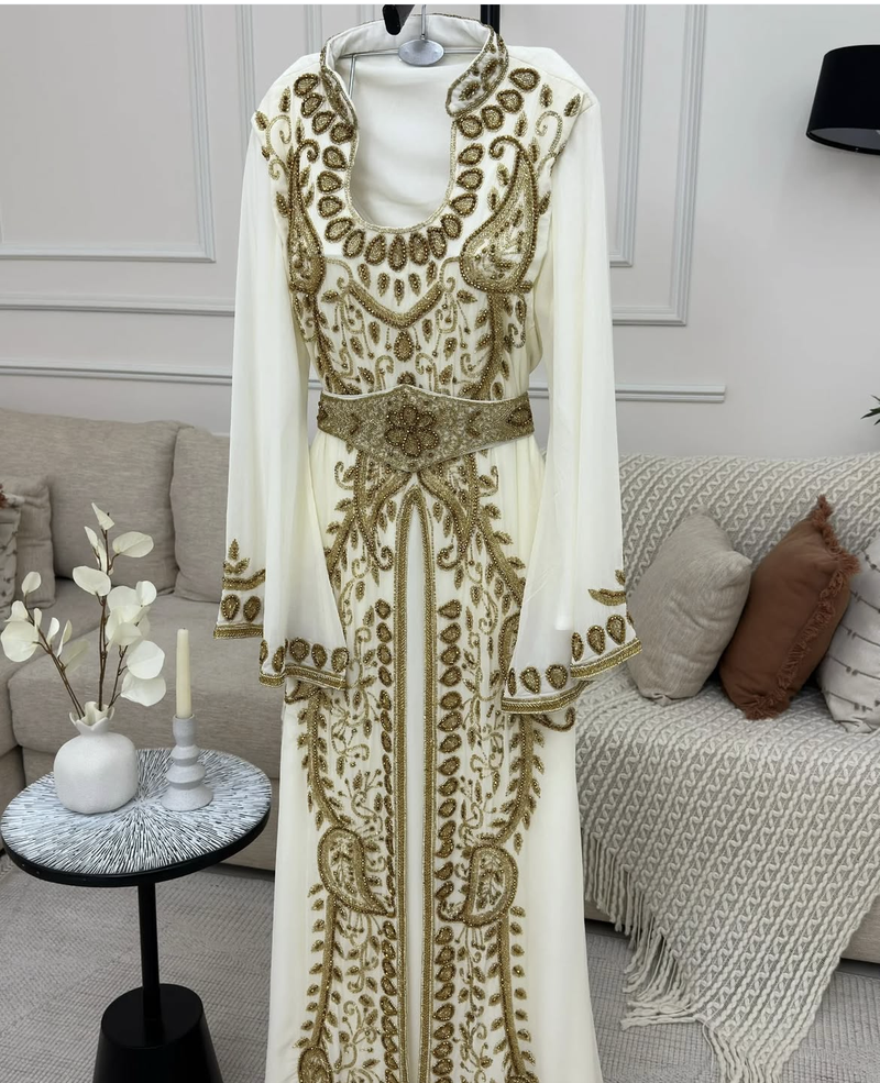 Ivory White & Gold Heavy Embroidered Moroccan Stitched Kaftan Party & Wedding Wear Gown