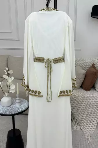 Ivory White & Gold Heavy Embroidered Moroccan Stitched Kaftan Party & Wedding Wear Gown
