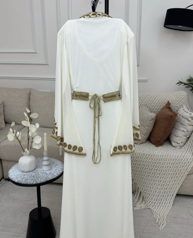 Ivory White & Gold Heavy Embroidered Moroccan Stitched Kaftan Party & Wedding Wear Gown