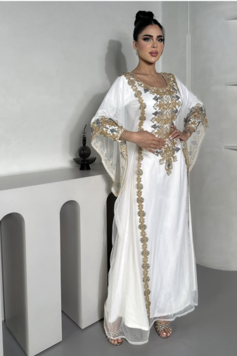 White & Gold Embroidered Moroccan Stitched Kaftan Party Wear Gown for Women