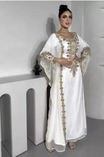 White & Gold Embroidered Moroccan Stitched Kaftan Party Wear Gown for Women