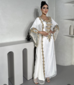White & Gold Embroidered Moroccan Stitched Kaftan Party Wear Gown for Women