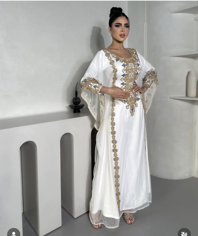 White & Gold Embroidered Moroccan Stitched Kaftan Party Wear Gown for Women