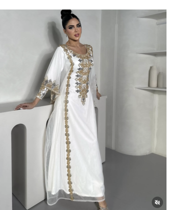 White & Gold Embroidered Moroccan Stitched Kaftan Party Wear Gown for Women 2
