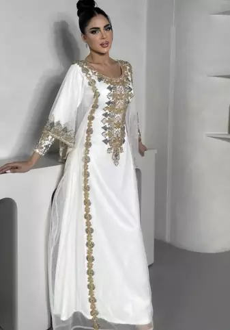 White & Gold Embroidered Moroccan Stitched Kaftan Party Wear Gown for Women