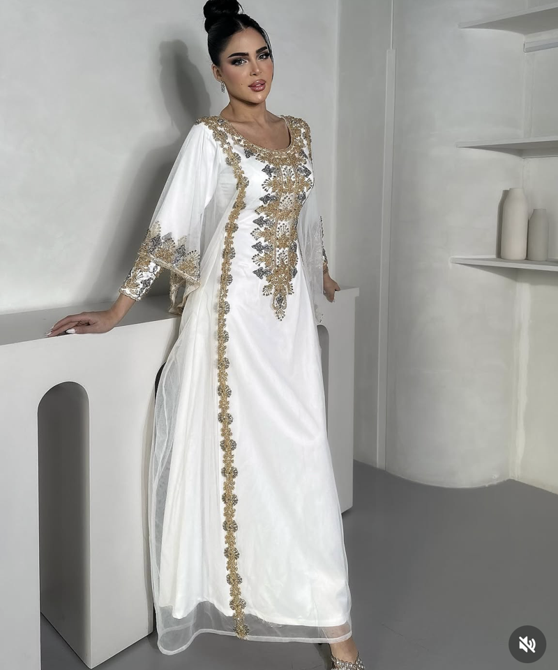 White & Gold Embroidered Moroccan Stitched Kaftan Party Wear Gown for Women