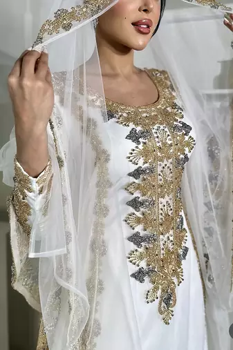 White & Gold Embroidered Moroccan Stitched Kaftan Party Wear Gown for Women