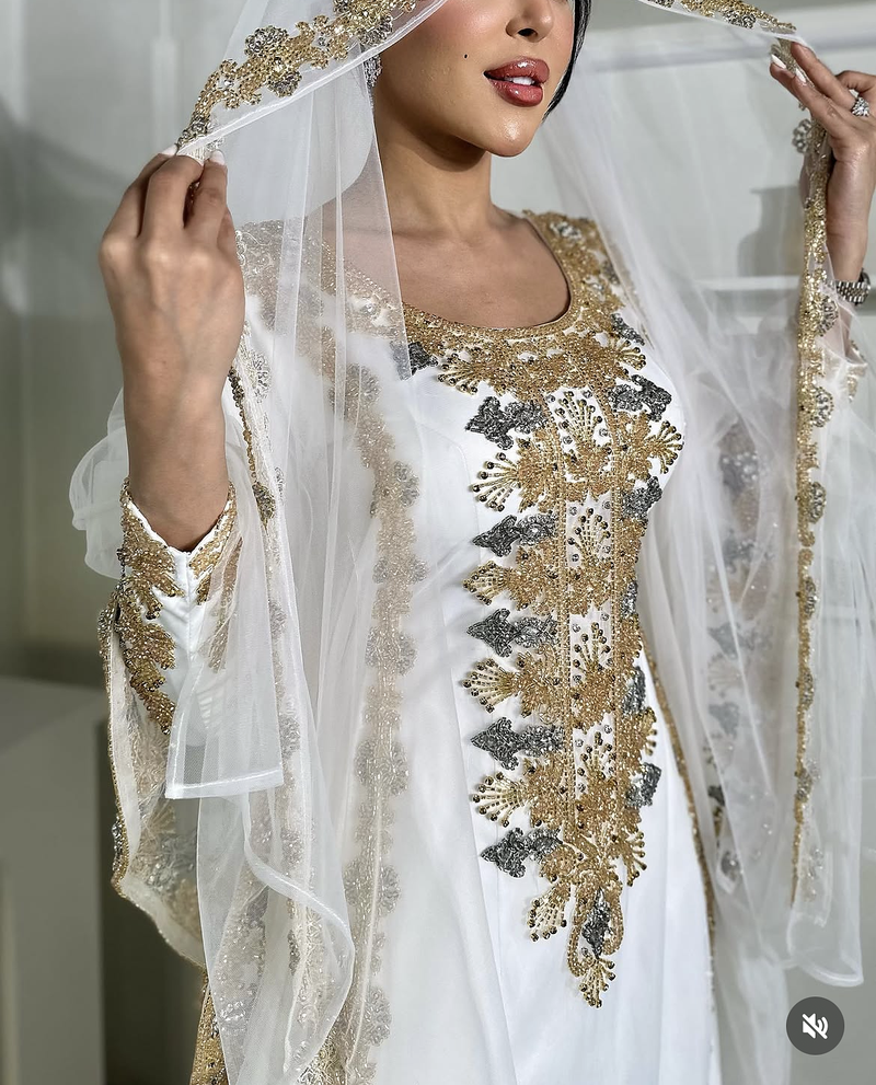 White & Gold Embroidered Moroccan Stitched Kaftan Party Wear Gown for Women