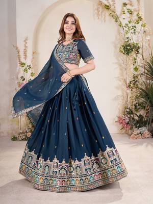 TEAL BLUE SEQUINS THREAD EMBROIDERED GEORGETTE SEMI STITCHED LEHENGA 7