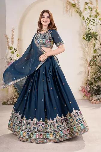 TEAL BLUE SEQUINS THREAD EMBROIDERED GEORGETTE SEMI STITCHED LEHENGA