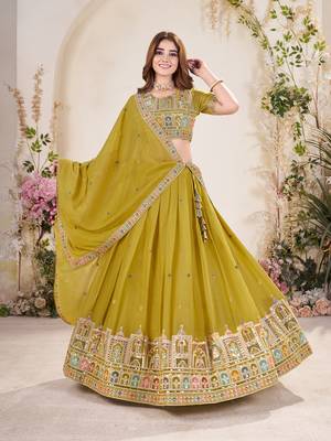 YELLOW SEQUINS THREAD EMBROIDERED GEORGETTE SEMI STITCHED LEHENGA 7