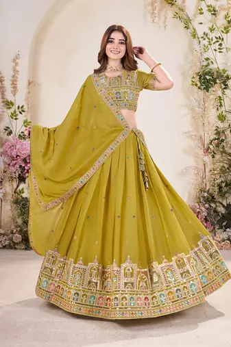 YELLOW SEQUINS THREAD EMBROIDERED GEORGETTE SEMI STITCHED LEHENGA