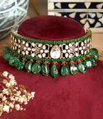 Gold plated green stone kundan necklace set