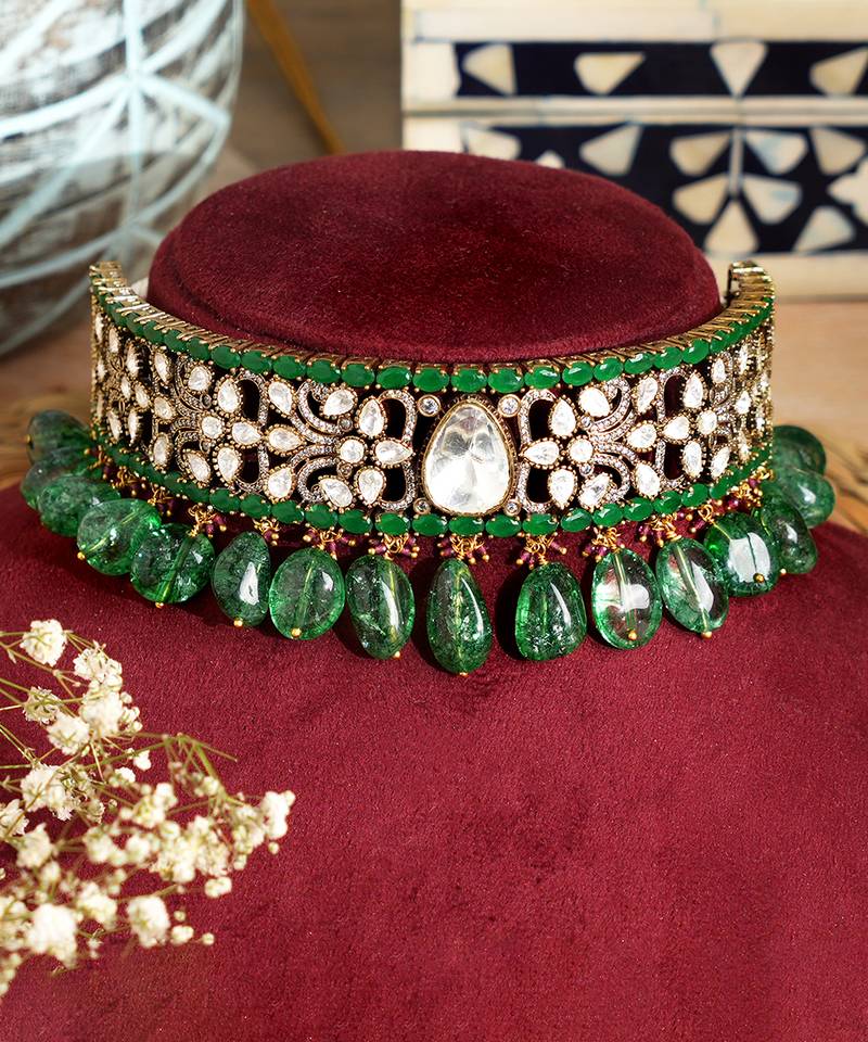 Gold plated green stone kundan necklace set