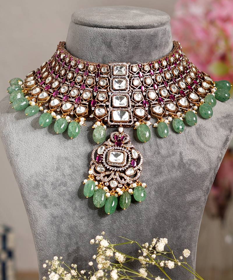 Gold plated green stone kundan necklace set