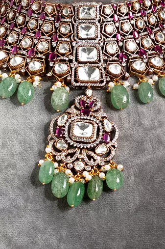 Gold plated green stone kundan necklace set
