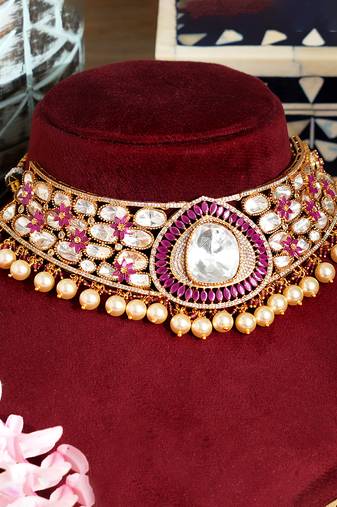 Gold plated pink stone kundan necklace set
