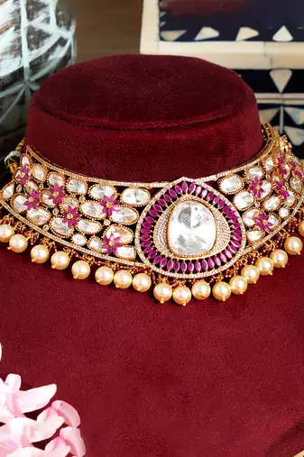 Gold plated pink stone kundan necklace set