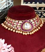 Gold plated pink stone kundan necklace set