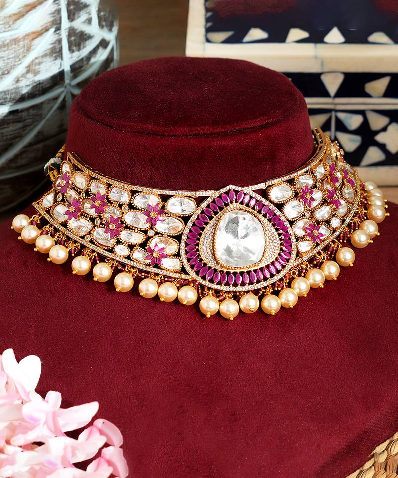 Gold plated pink stone kundan necklace set