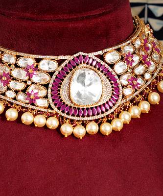 Gold plated pink stone kundan necklace set 2