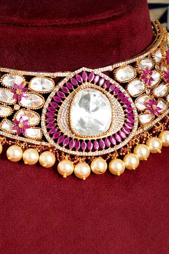 Gold plated pink stone kundan necklace set