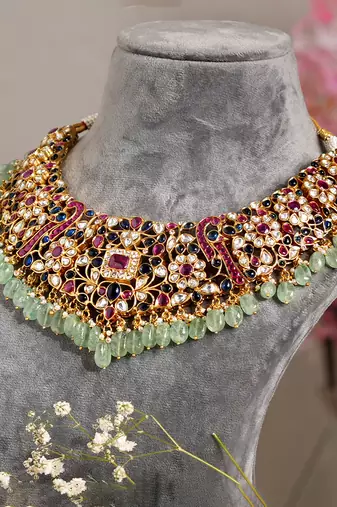 Gold plated multicolor stone kundan necklace set