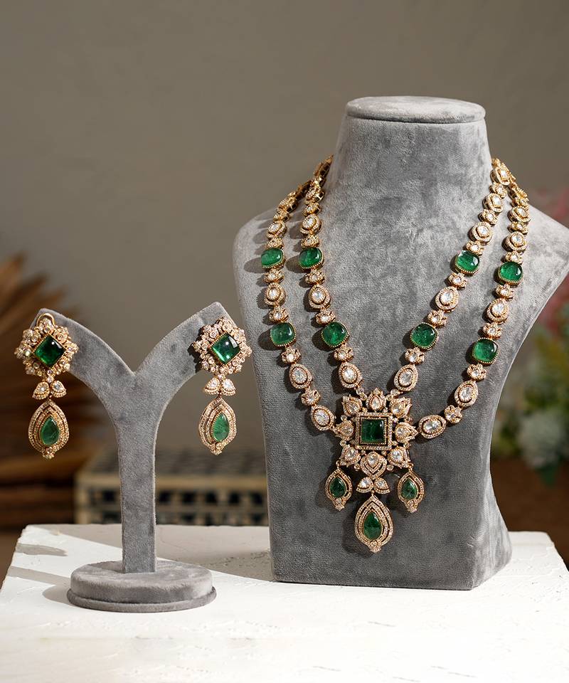 Gold plated green stone kundan necklace set
