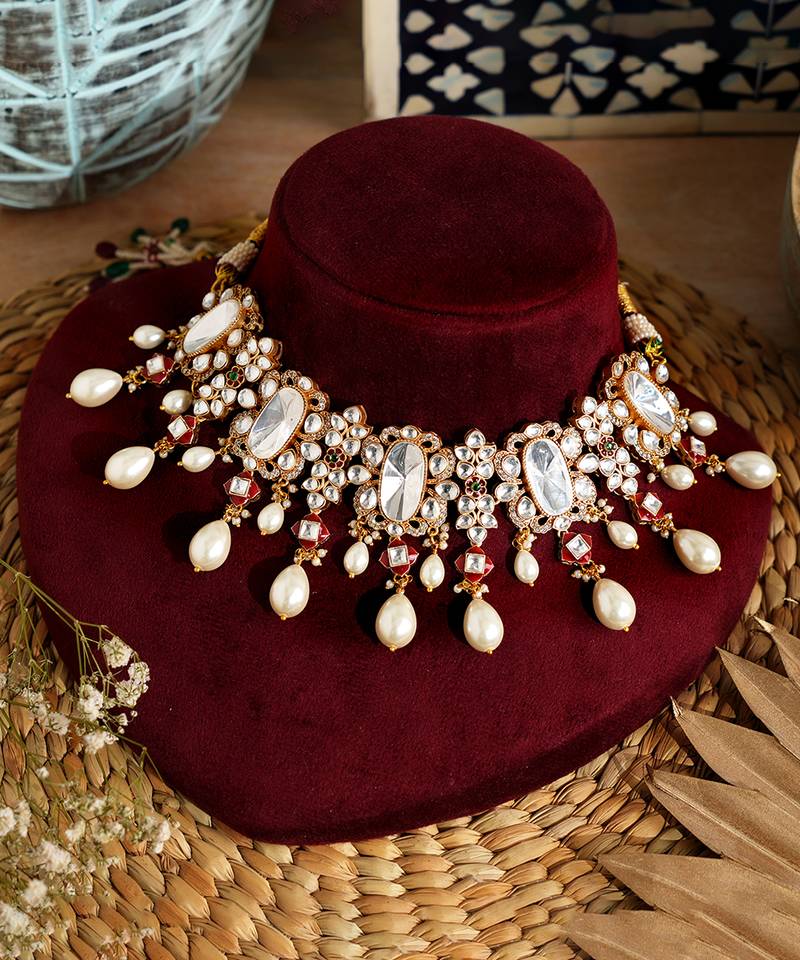 Gold plated pearl kundan necklace set