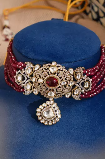 Gold plated red stone kundan necklace set