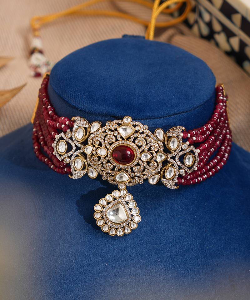 Gold plated red stone kundan necklace set
