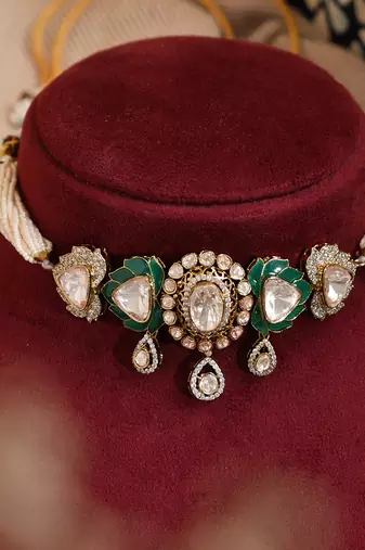 Gold plated green stone kundan necklace set
