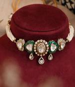 Gold plated green stone kundan necklace set