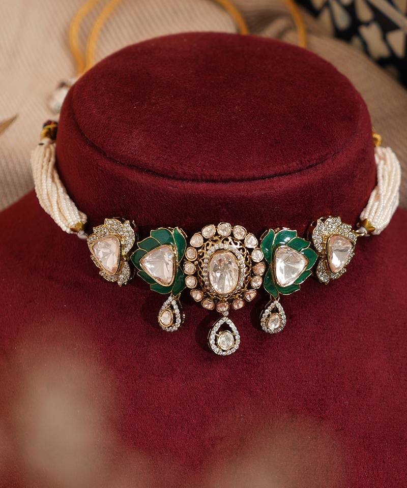 Gold plated green stone kundan necklace set