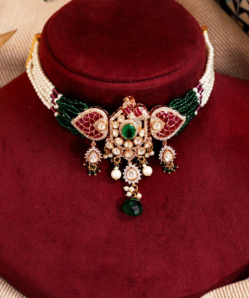 Gold plated multicolor stone kundan necklace set
