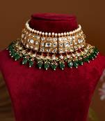 Gold plated green stone kundan necklace set