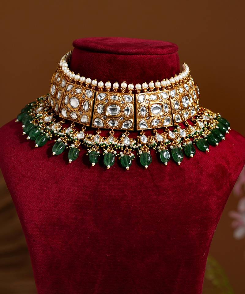Gold plated green stone kundan necklace set