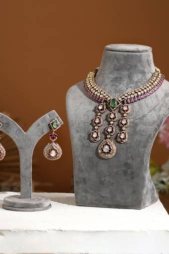 Gold plated purple stone kundan necklace set