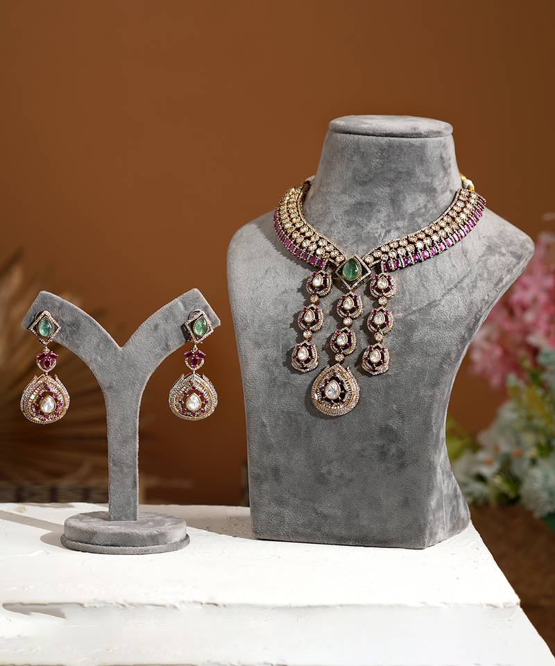Gold plated purple stone kundan necklace set