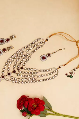 Gold plated red stone kundan necklace set