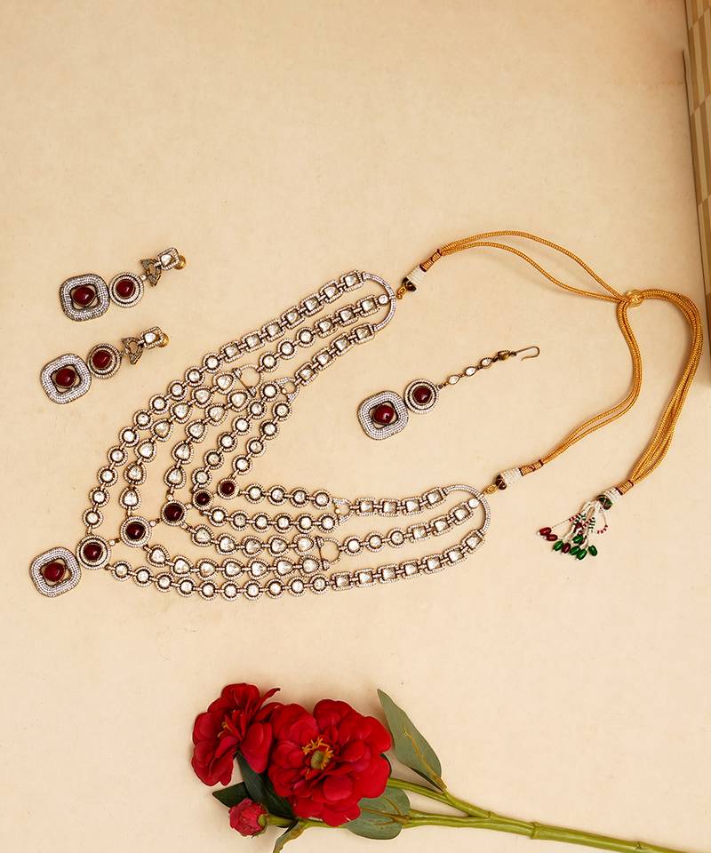Gold plated red stone kundan necklace set