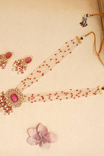 Gold plated pink stone kundan necklace set