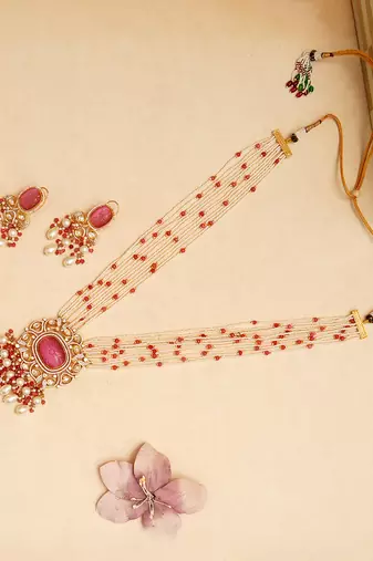 Gold plated pink stone kundan necklace set