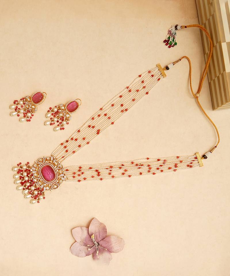 Gold plated pink stone kundan necklace set