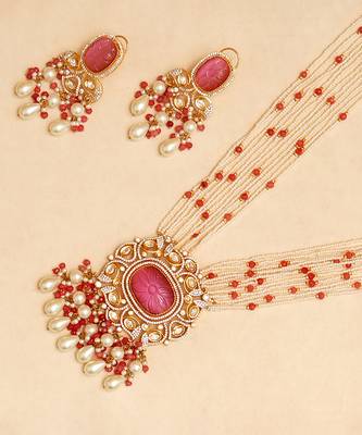 Gold plated pink stone kundan necklace set 2