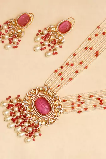 Gold plated pink stone kundan necklace set