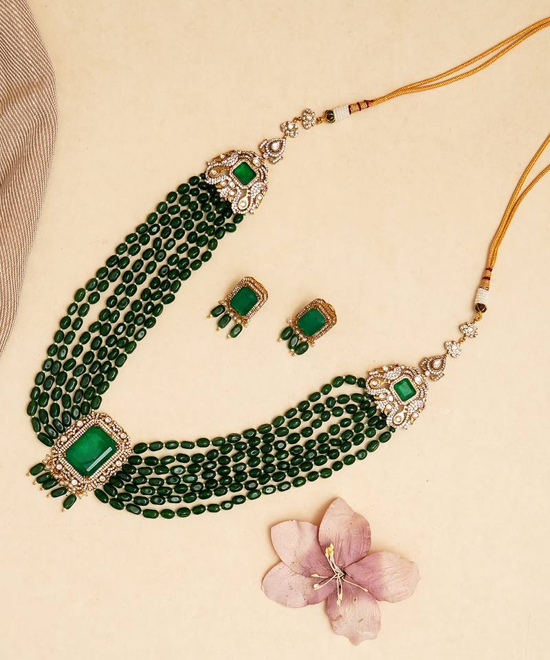 Gold plated green stone kundan necklace set