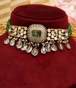 Gold plated green stone kundan necklace set