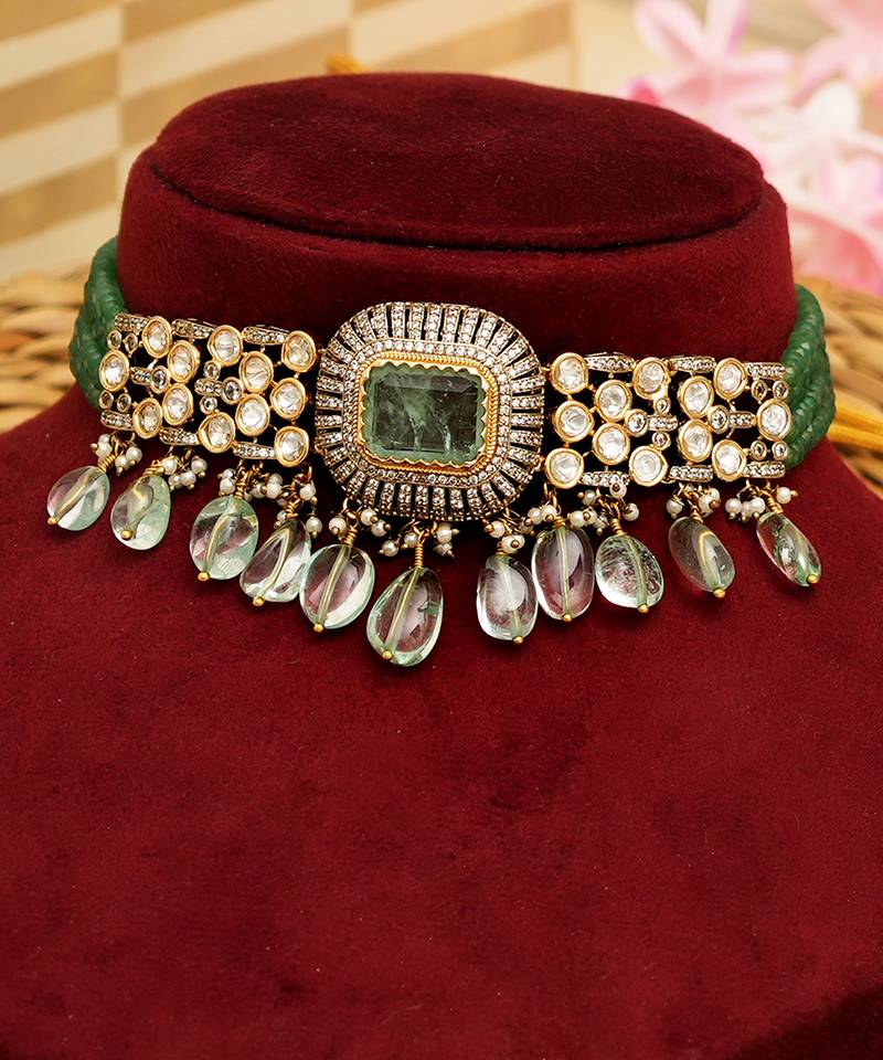 Gold plated green stone kundan necklace set