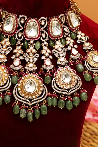 Gold plated multicolor stone kundan necklace set